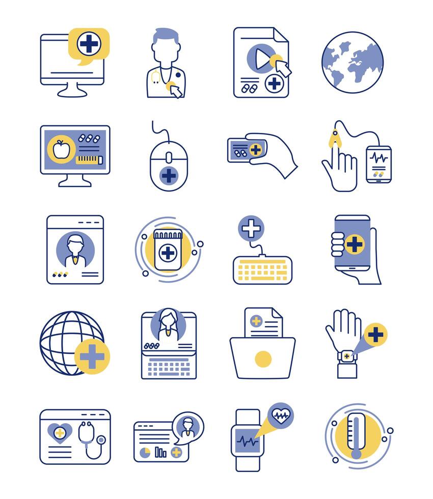 bundle of health online set icons vector