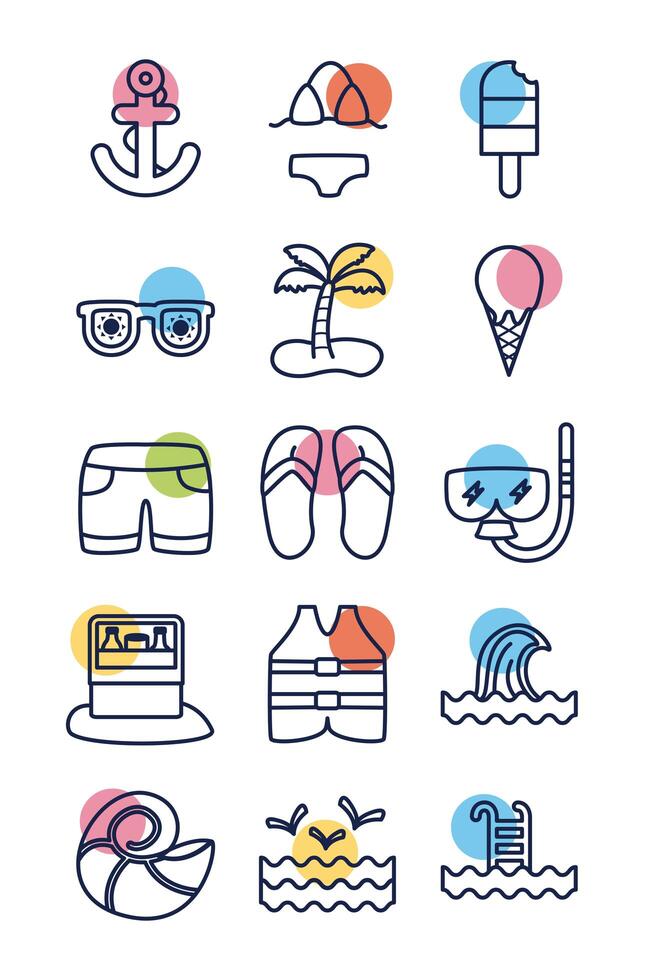 bundle of beach set block line icons vector