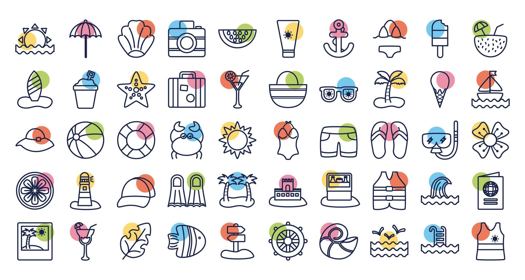 bundle of beach set block line icons vector