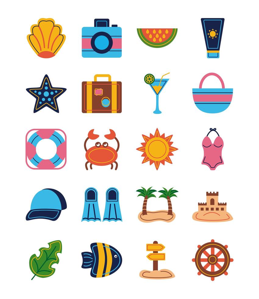 paquete de playa set iconos planos vector