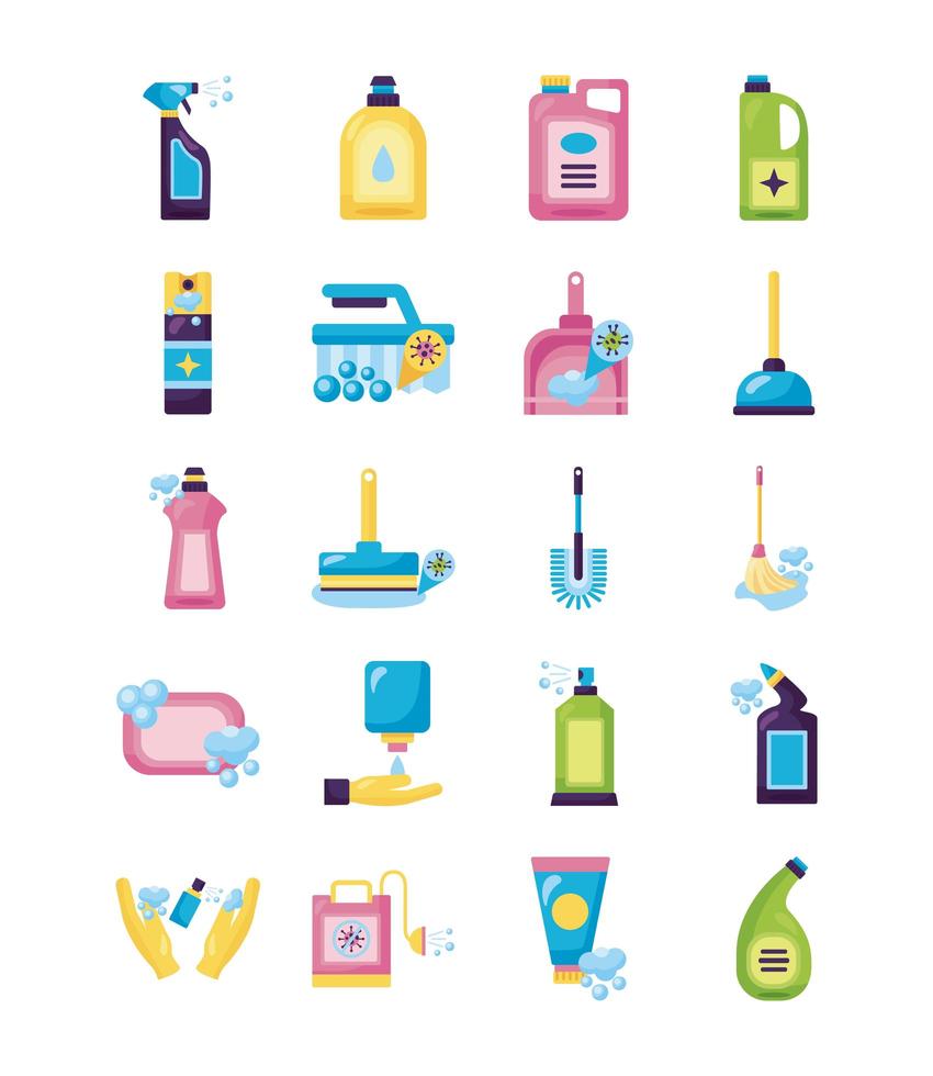 bundle of desinfectants set icons vector