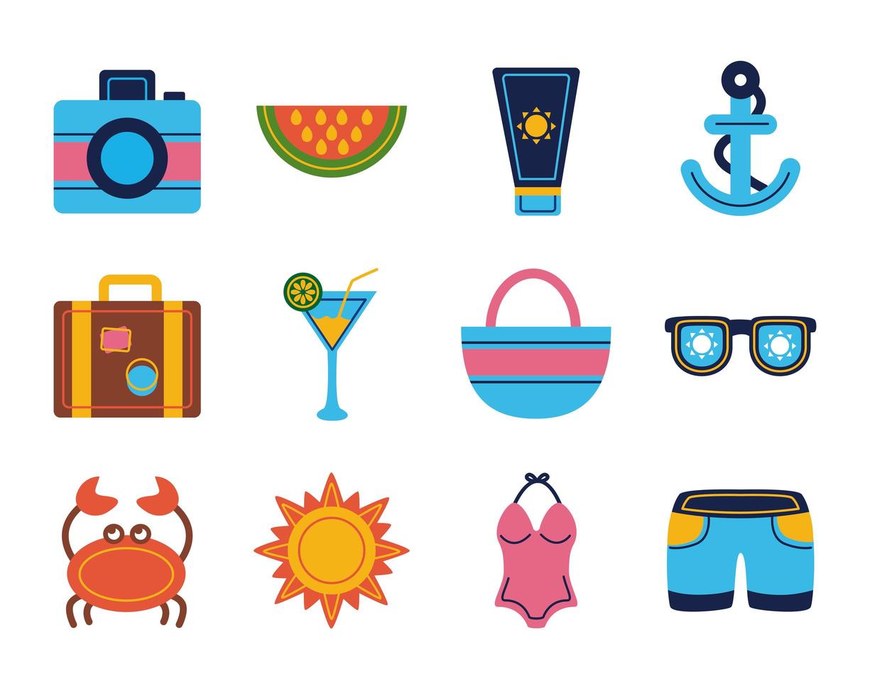 paquete de playa set iconos planos vector