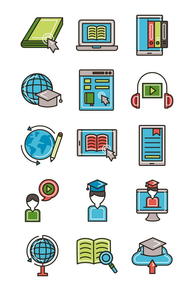 bundle of education online set icons vector