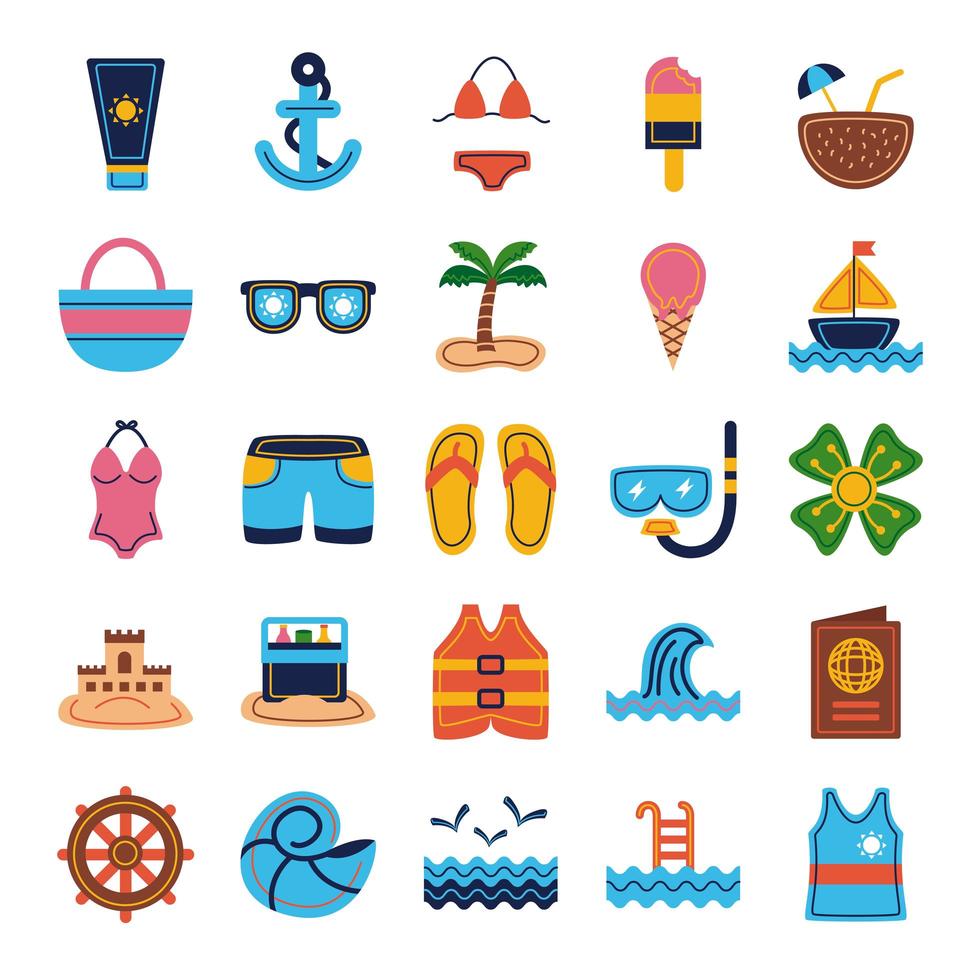 paquete de playa set iconos planos vector