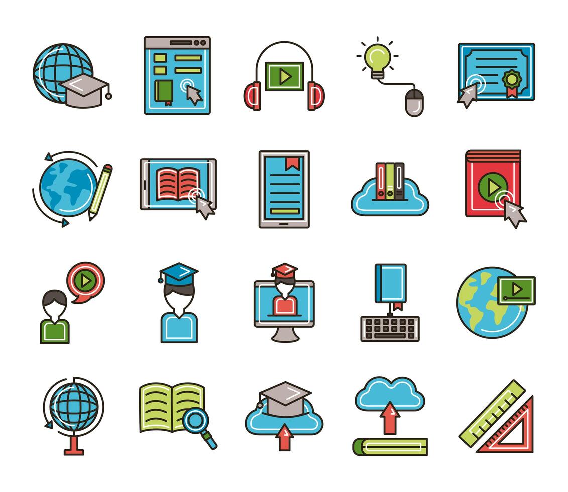 bundle of education online set icons vector