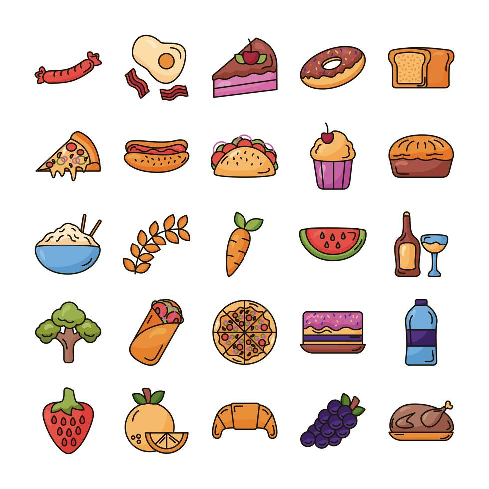 paquete de comida deliciosa set iconos vector