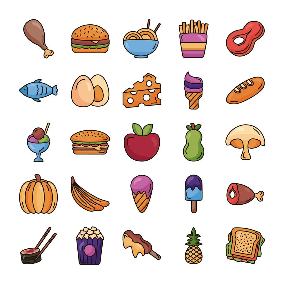 paquete de comida deliciosa set iconos vector