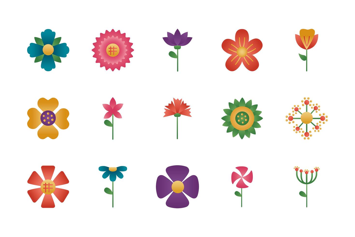 bundle of flowers degradient style icons vector