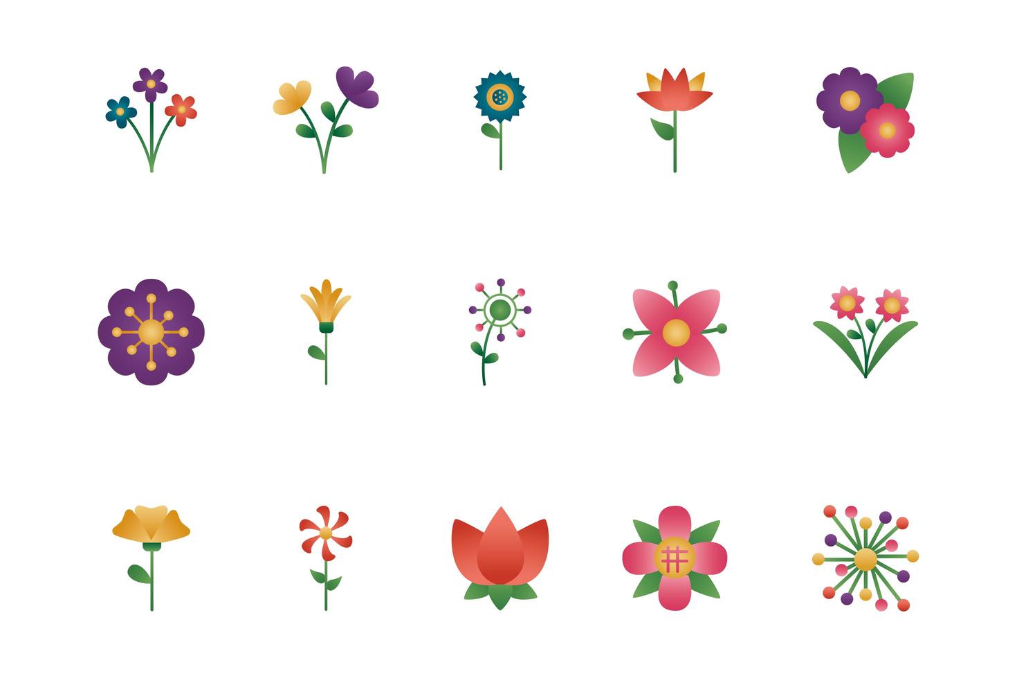 bundle of flowers degradient style icons vector