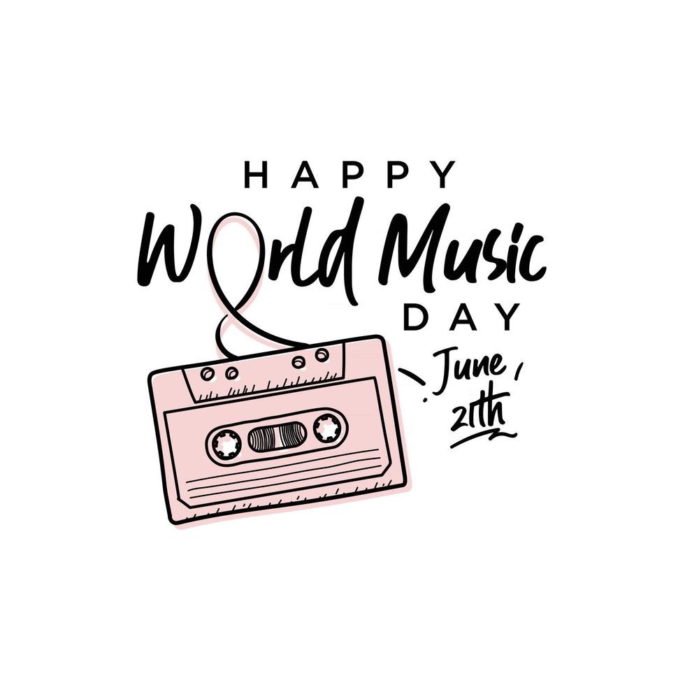 feliz día mundial de la música celebración mano dibujar tipografía - vector