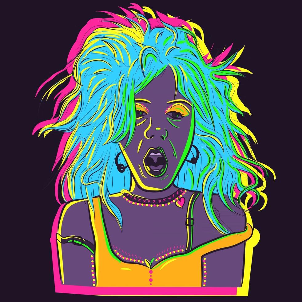 Vector art of a sleepy neon woman with messy bed hair and an open mouth yawning. Colorful illustration of a sick woken up girl.