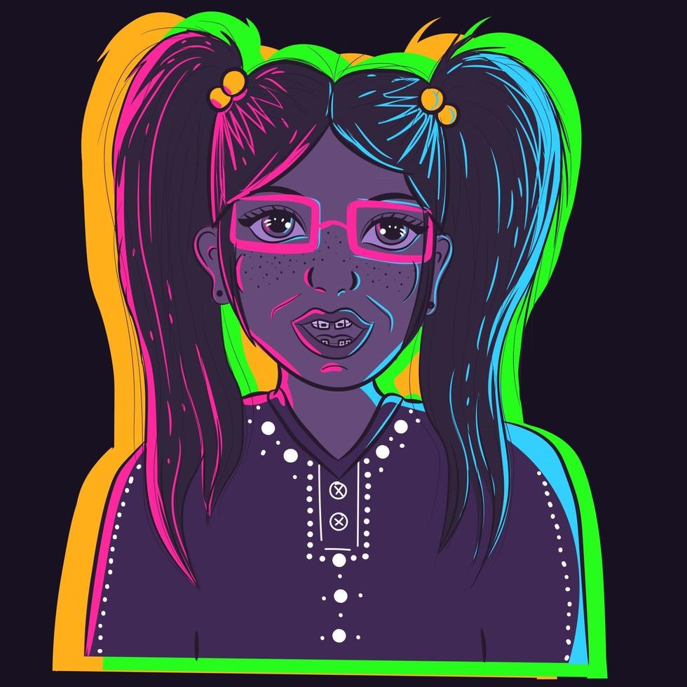 arte vectorial de un personaje de dibujos animados nerd con coletas bajo luces de neón. chica friki con anteojos, pecas y un diente torcido sonriendo y siendo feliz 2647183 Vector en Vecteezy arte vectorial de un personaje de dibujos animados nerd con coletas bajo luces de neón. chica friki con anteojos, pecas y un diente torcido sonriendo y siendo feliz 2647183 Vector en Vecteezy