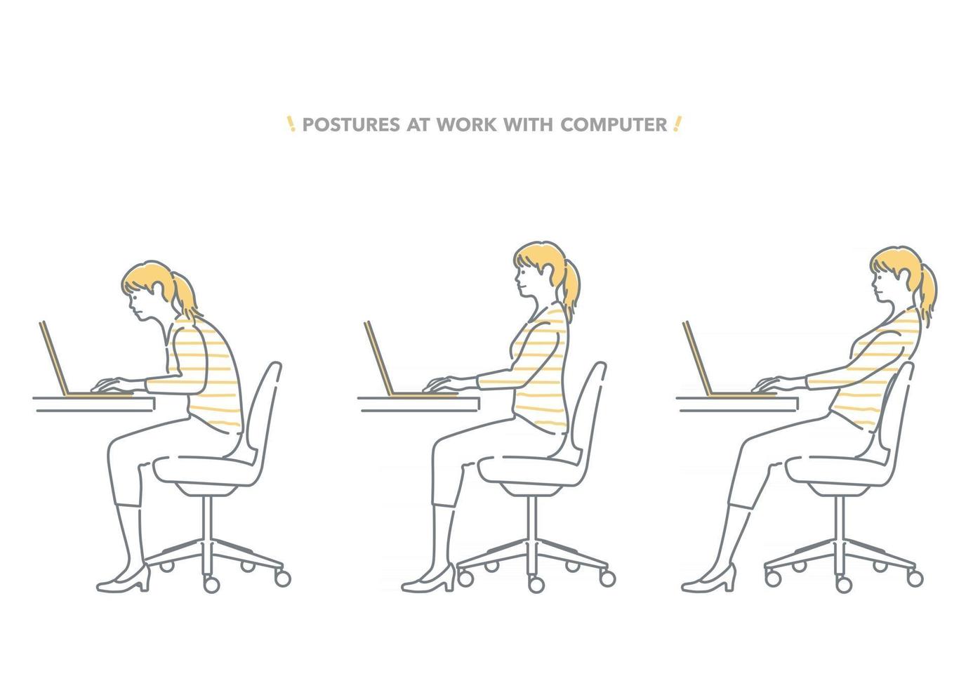 Postures Set Of A Woman Working At A Computer Isolated On A White Background vector