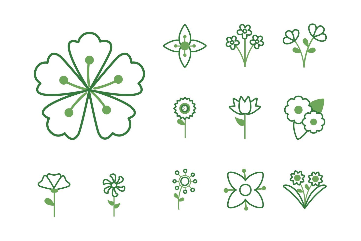 paquete de flores iconos de estilo de medio color vector