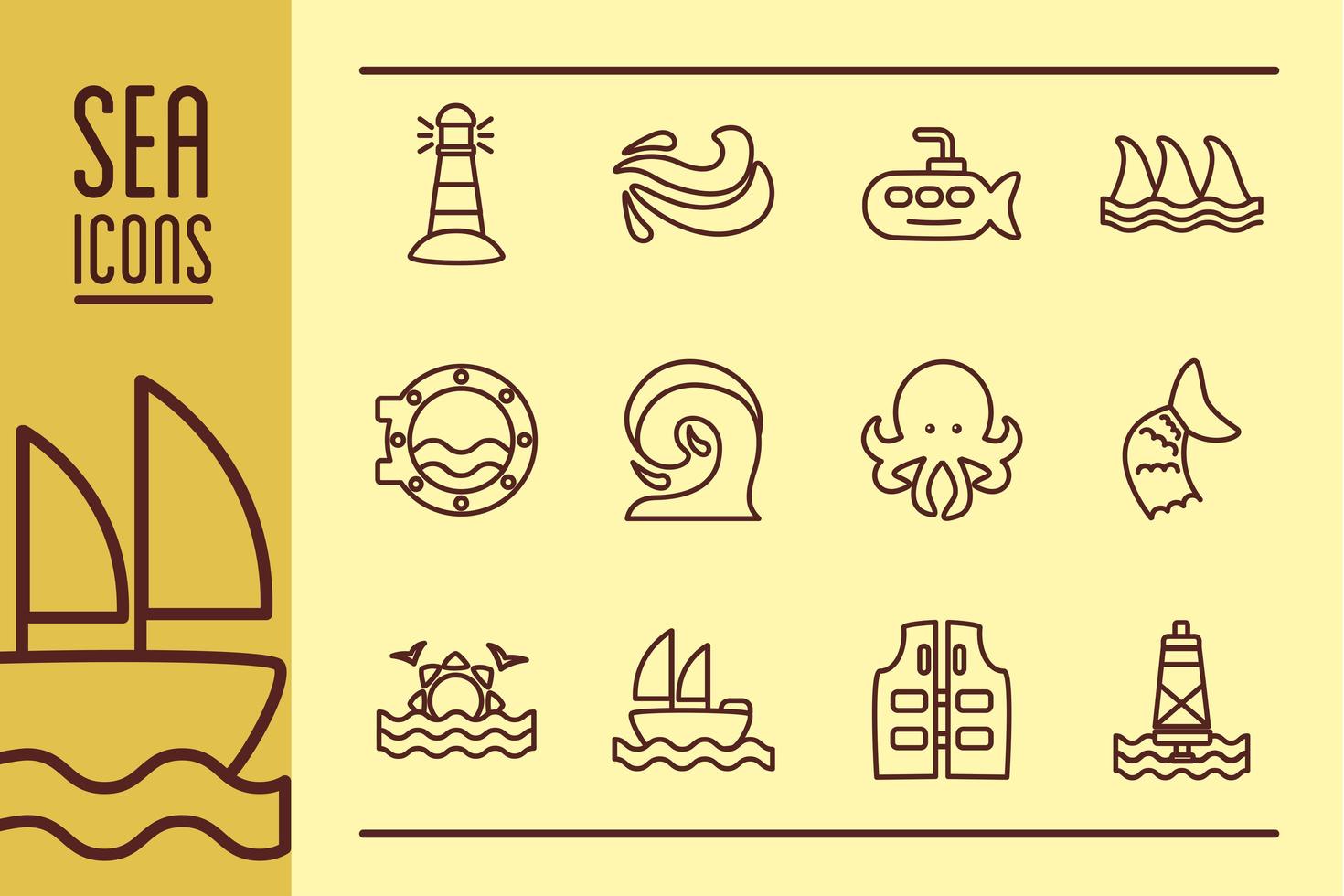 paquete de iconos de estilo de color de línea de conjunto de mar vector