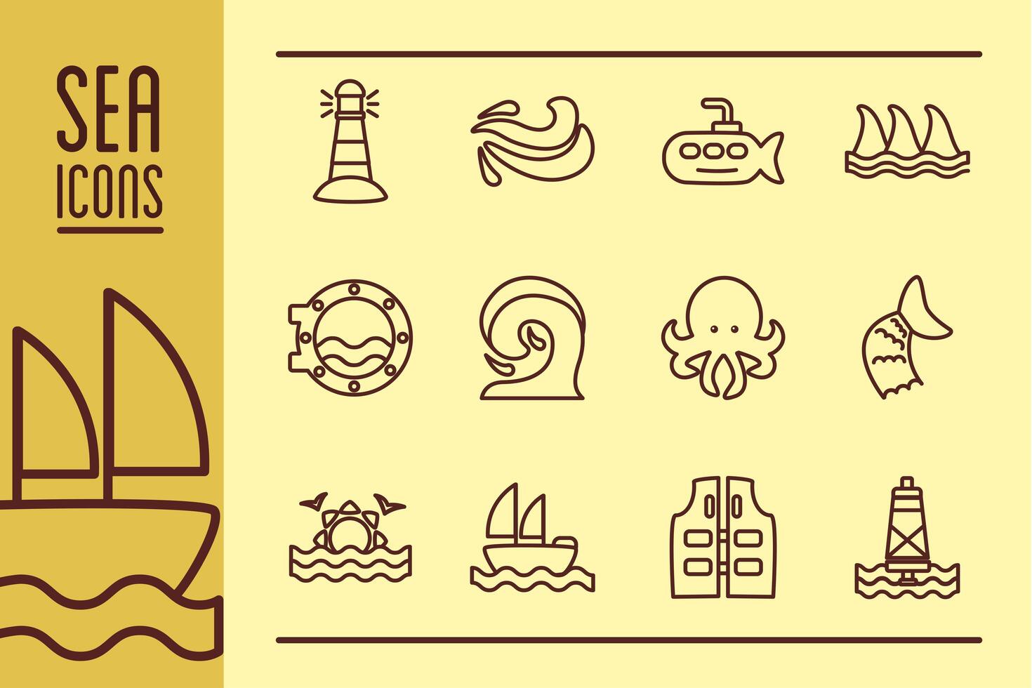 bundle of sea set line color style icons vector