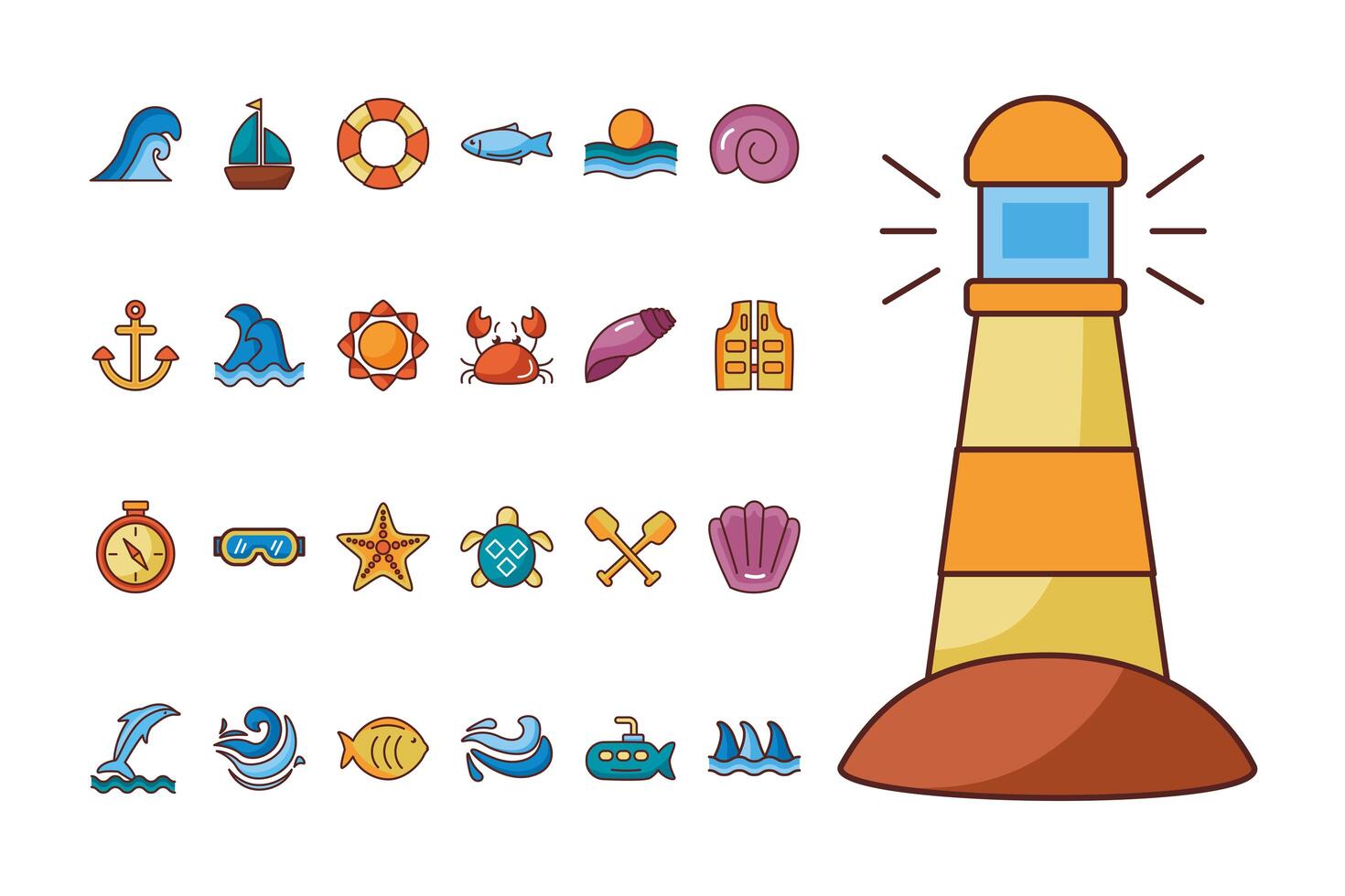 bundle of sea set line color style icons vector