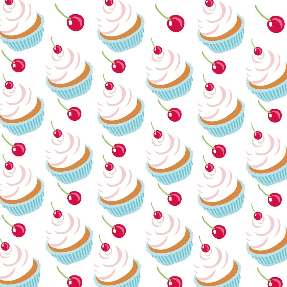 sweet cupcakes with cherries dessert pattern vector