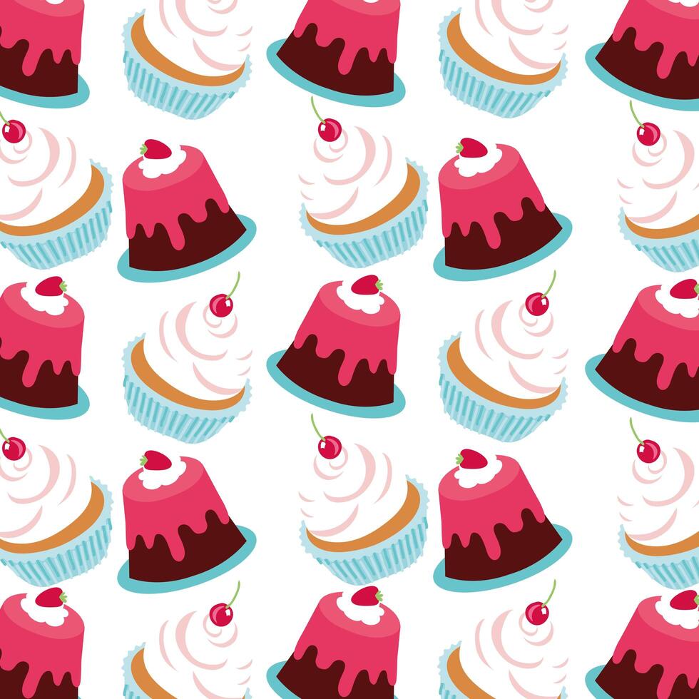 sweet cakes with cherries dessert pattern vector