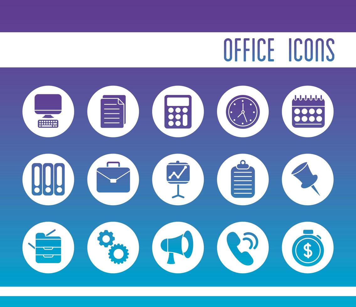 bundle of office set flat style icons and lettering vector