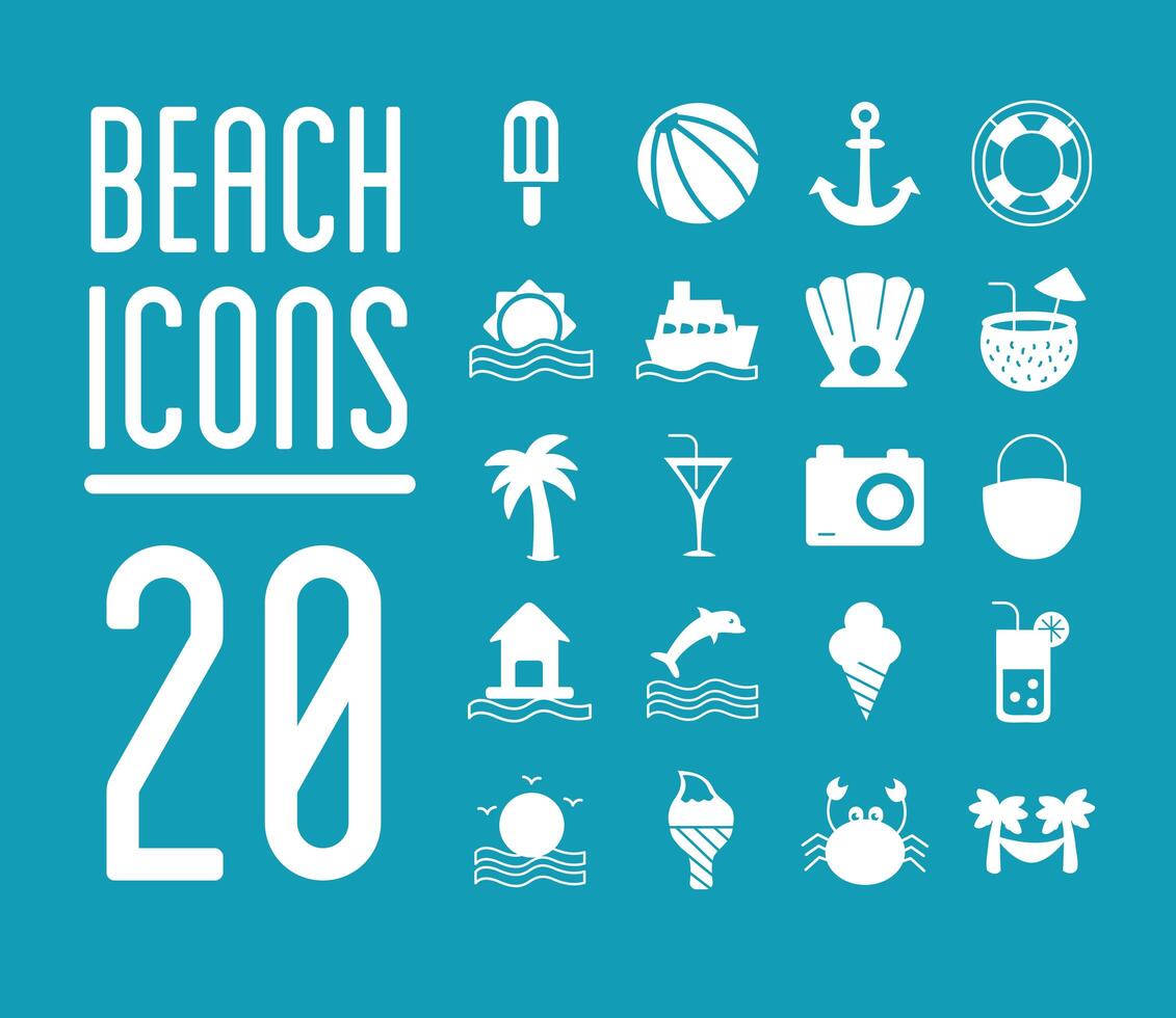 bundle of beach set line and fill icons with lettering vector