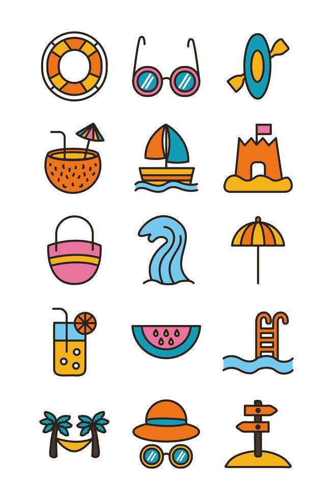 bundle of beach set line and fill icons vector
