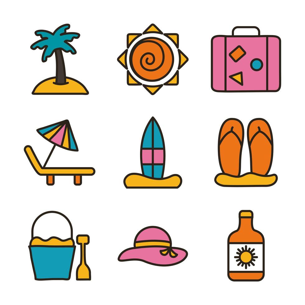 bundle of beach set line and fill icons vector