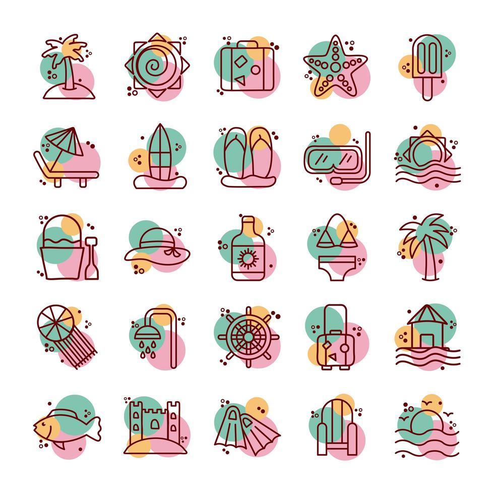 Paquete de iconos de línea y color de conjunto de playa vector