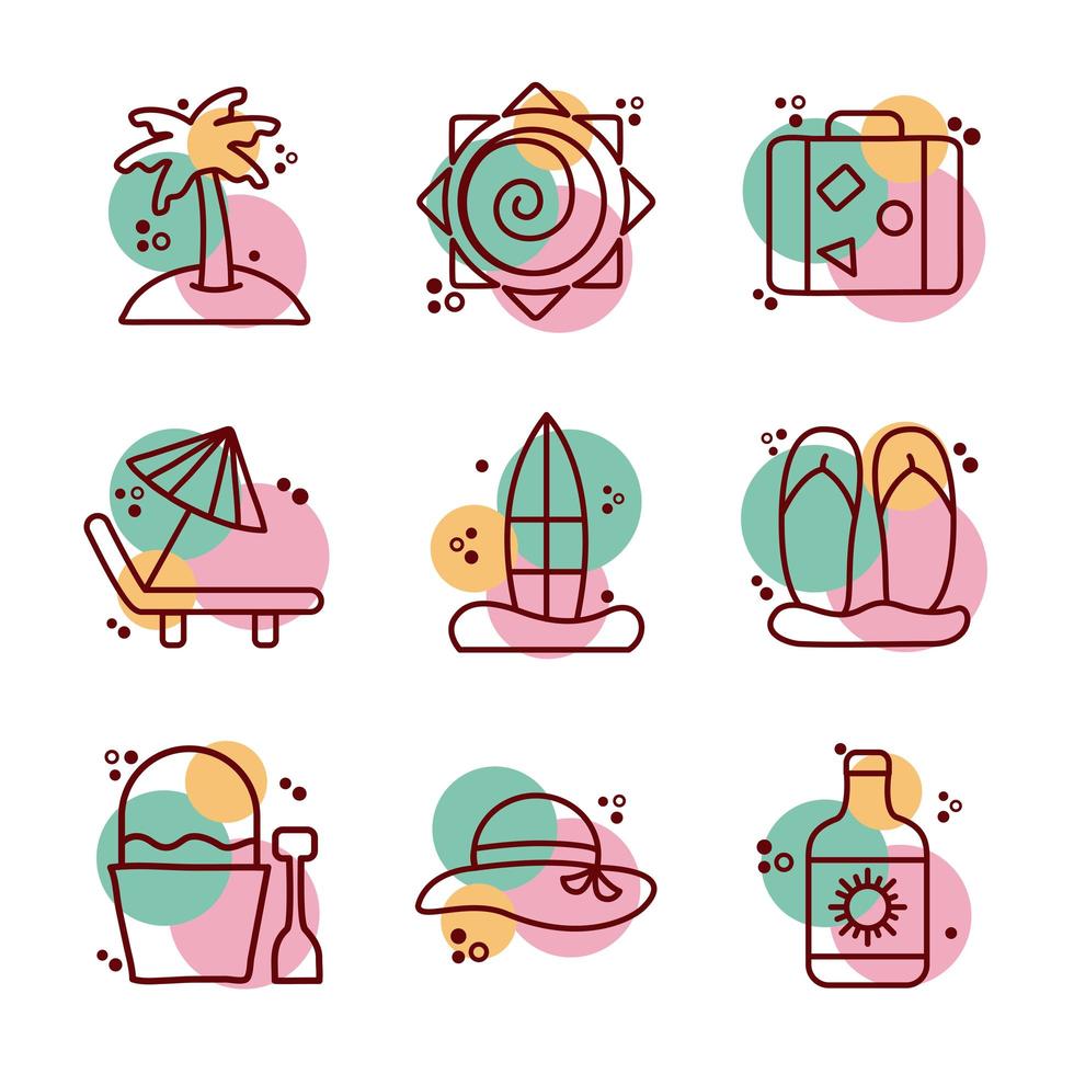 Paquete de iconos de línea y color de conjunto de playa vector