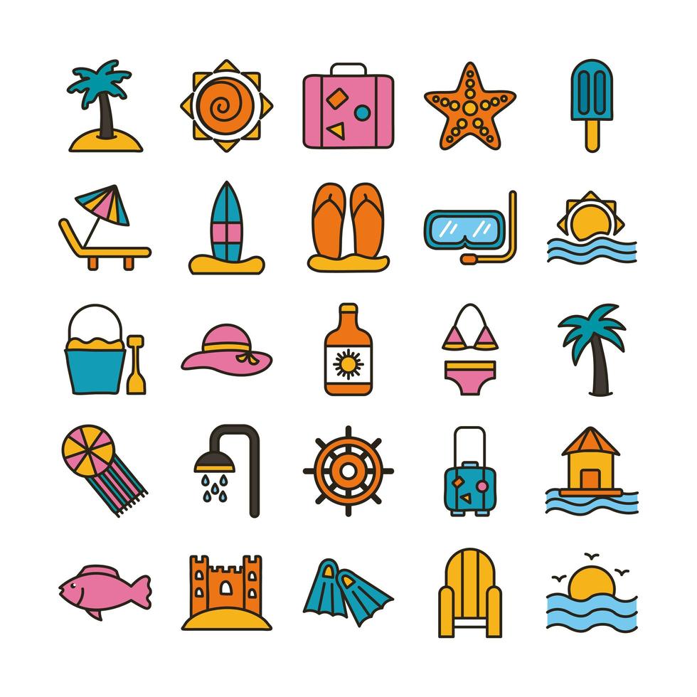 bundle of beach set line and fill icons vector