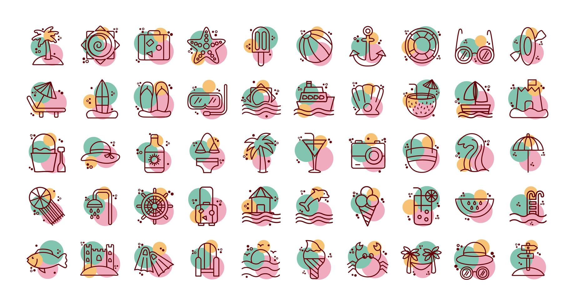 bundle of beach set line and color icons vector