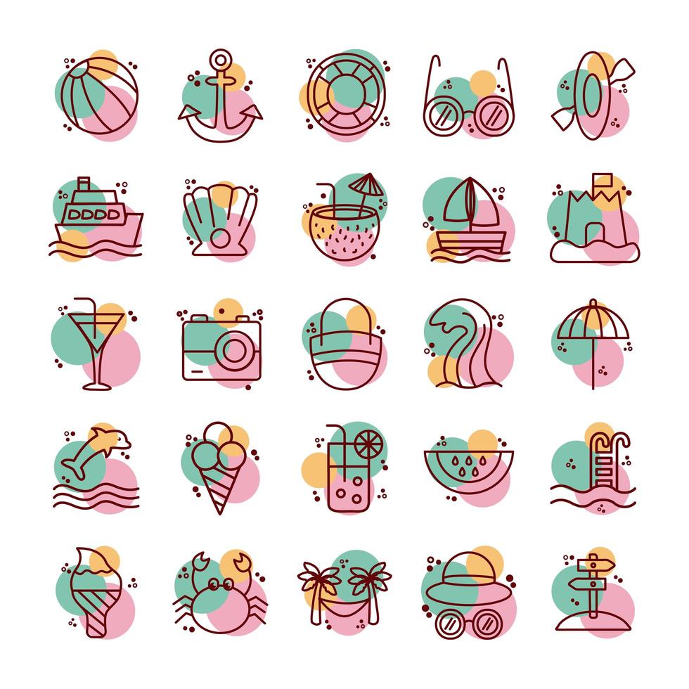 Paquete de iconos de línea y color de conjunto de playa vector