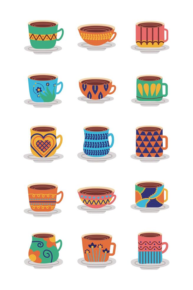 bundle of ceramic dishes and cups icons vector