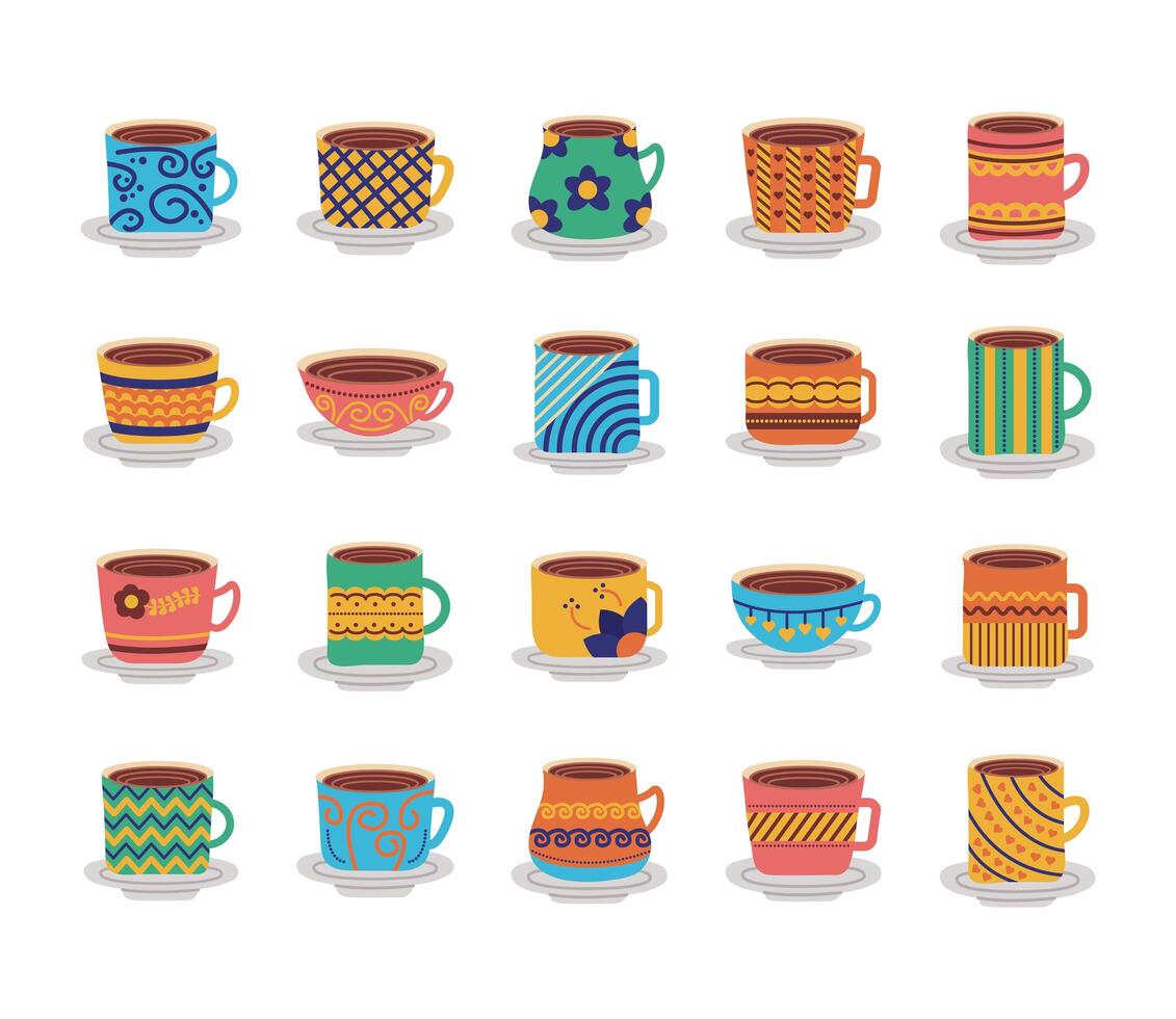 bundle of ceramic dishes and cups icons vector