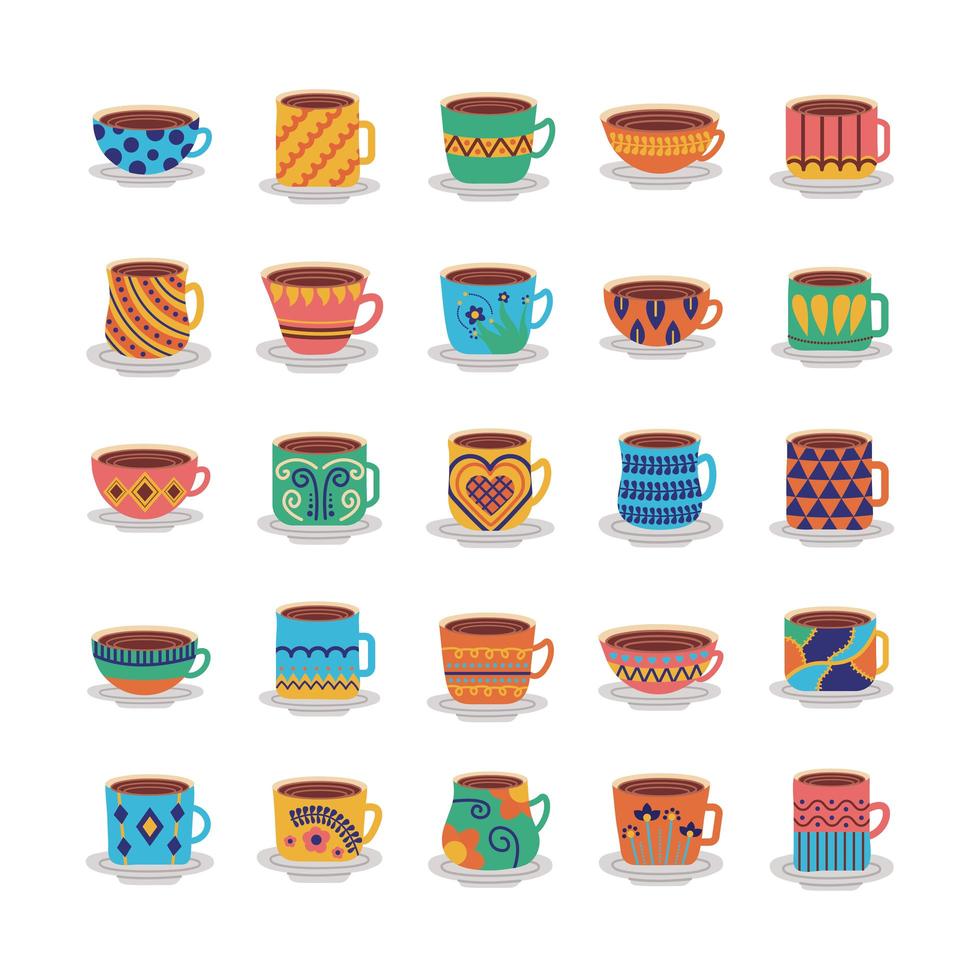 bundle of ceramic dishes and cups icons vector