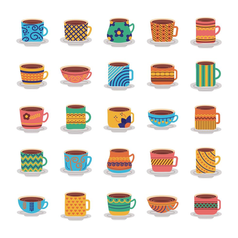 bundle of ceramic dishes and cups icons vector