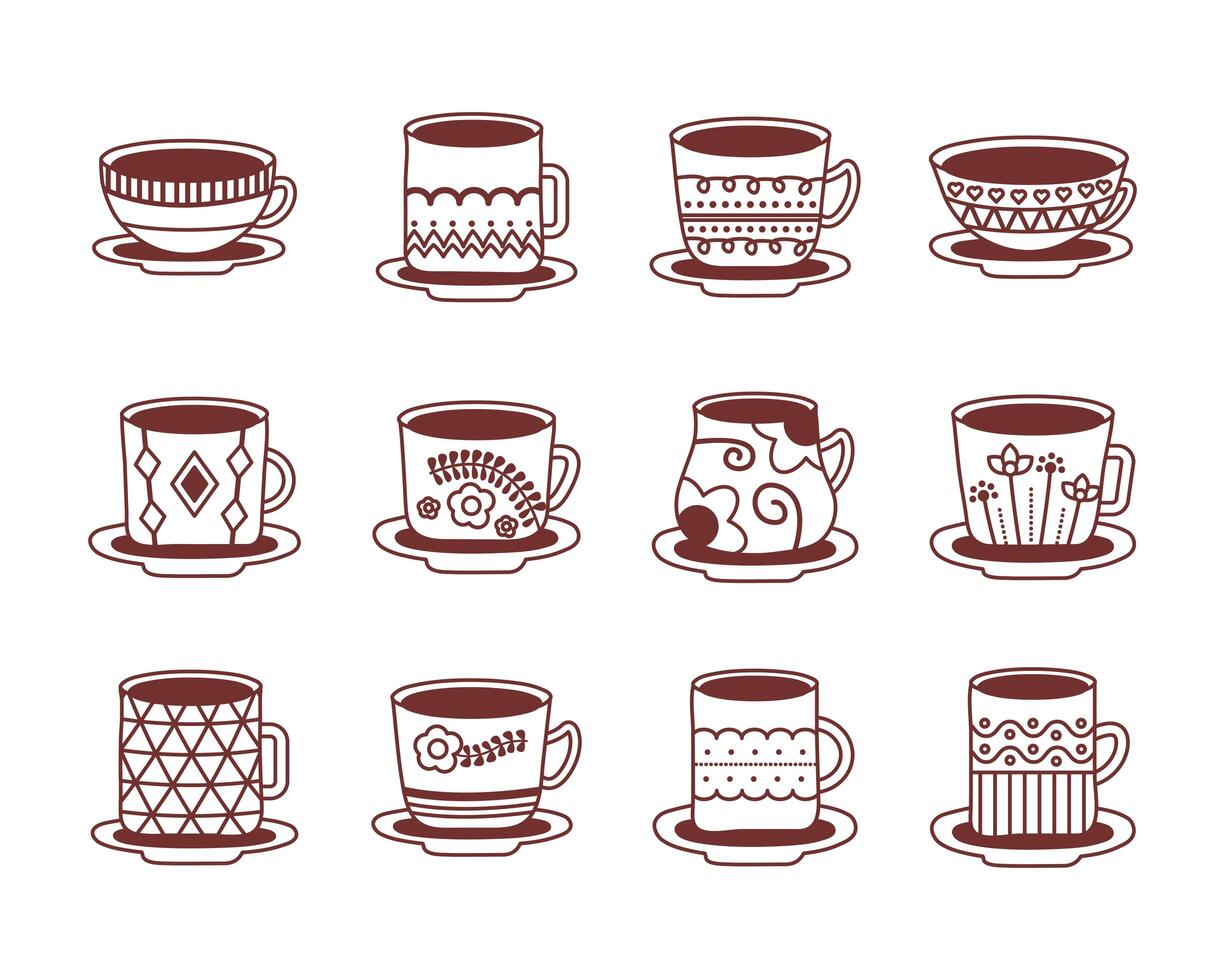 bundle of ceramic dishes and cups icons vector