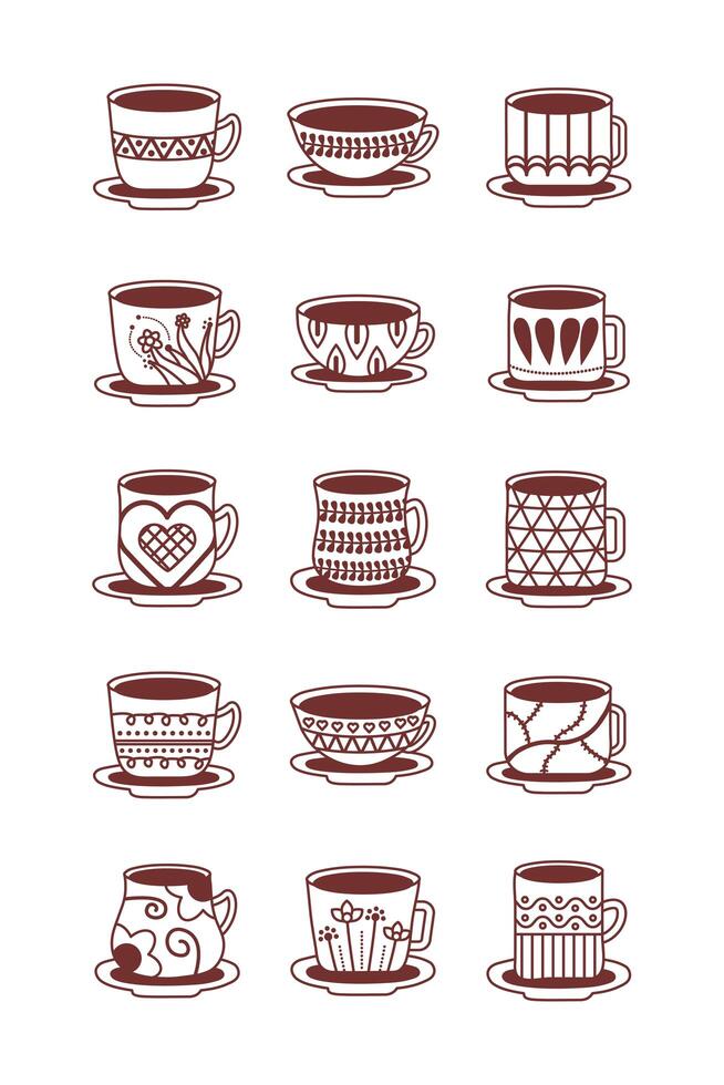 bundle of ceramic dishes and cups icons vector