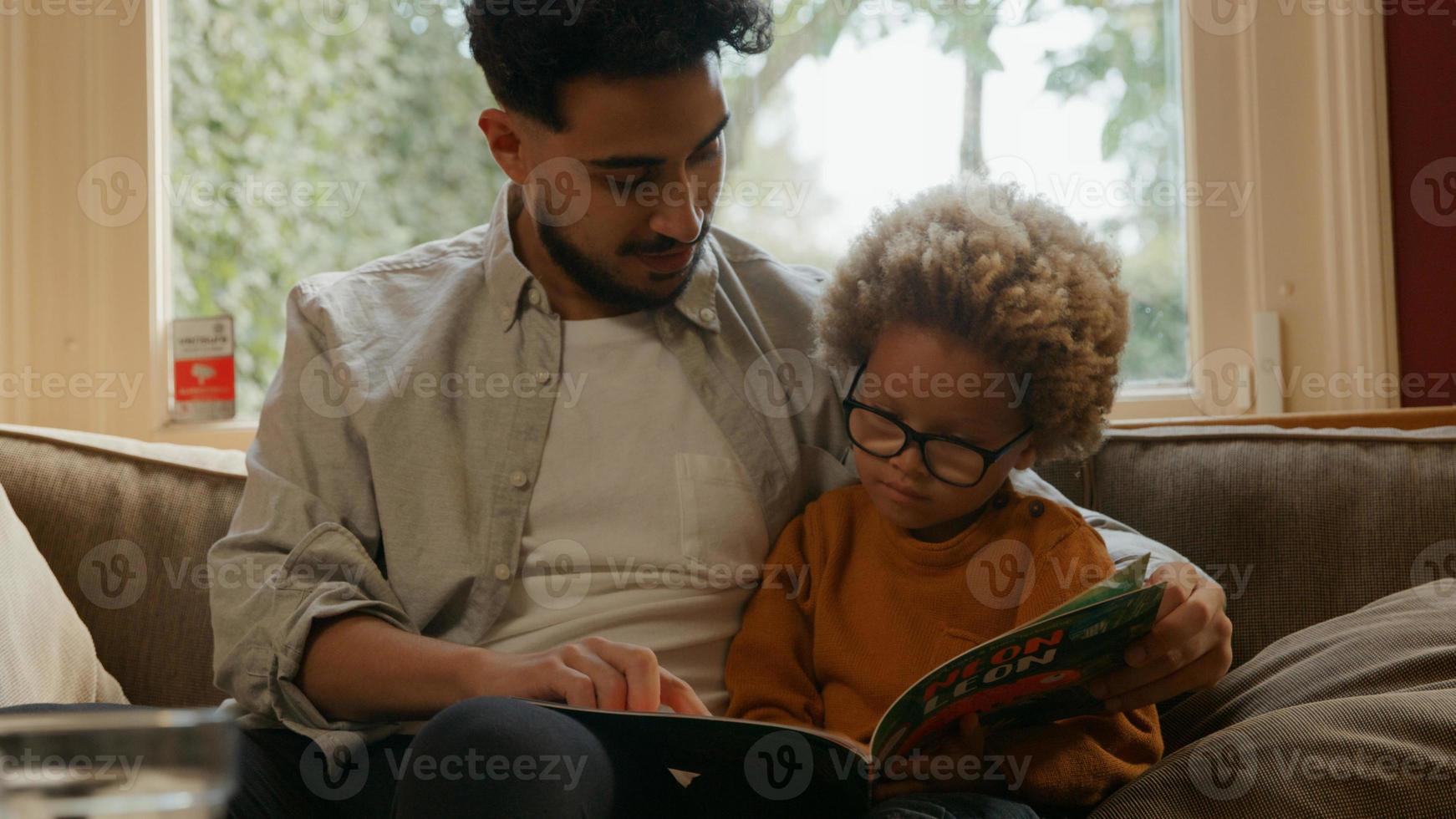 Father reading book with son on sofa at home photo