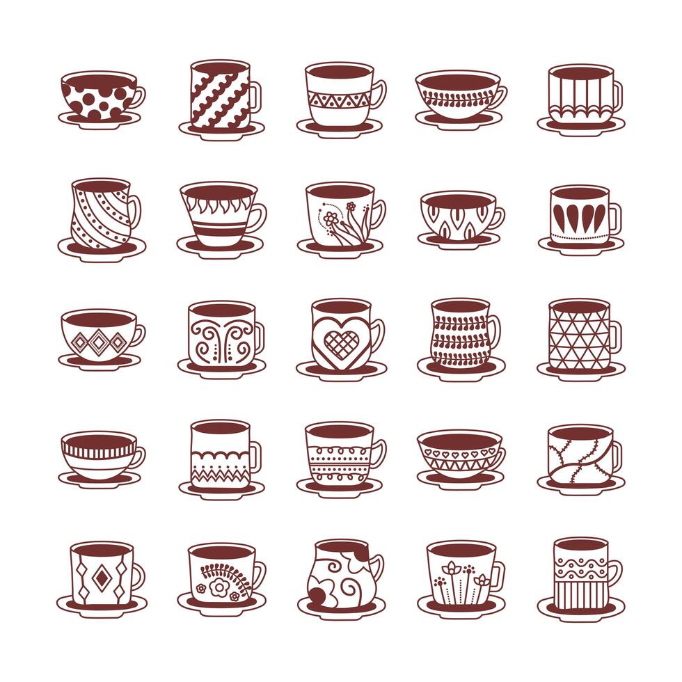 bundle of ceramic dishes and cups icons vector