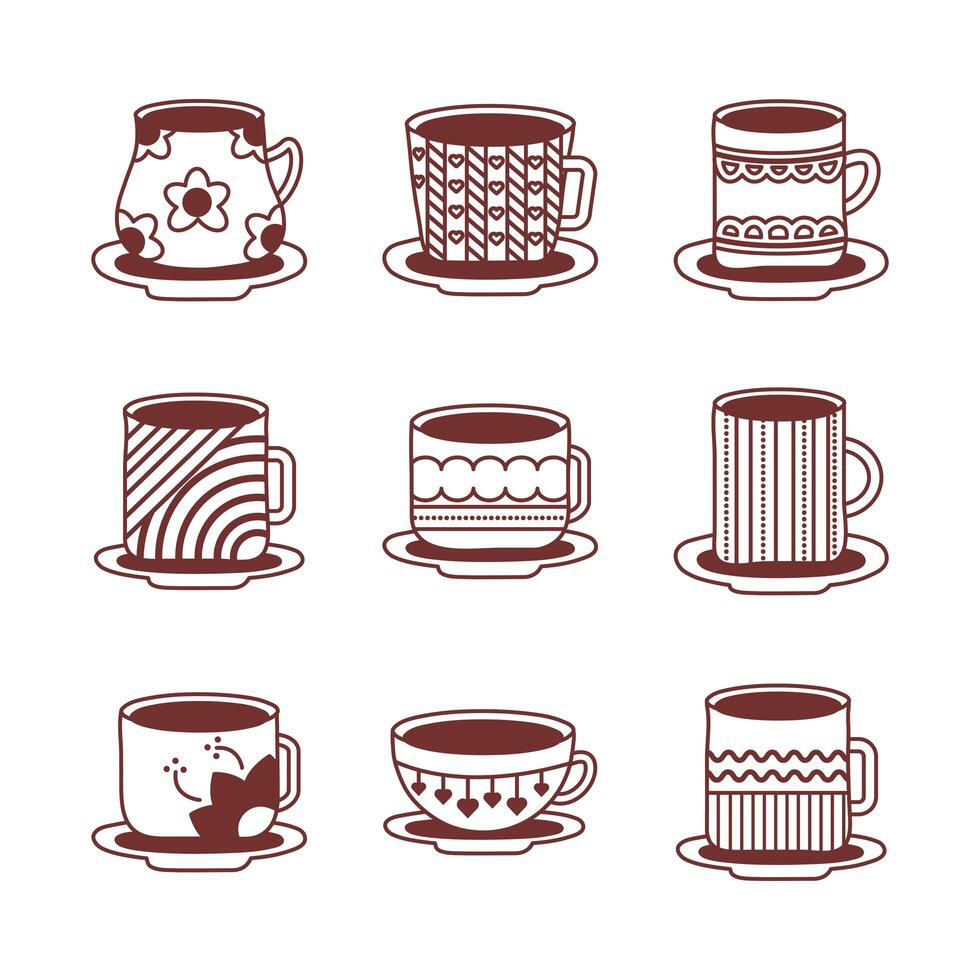 bundle of ceramic dishes and cups icons vector