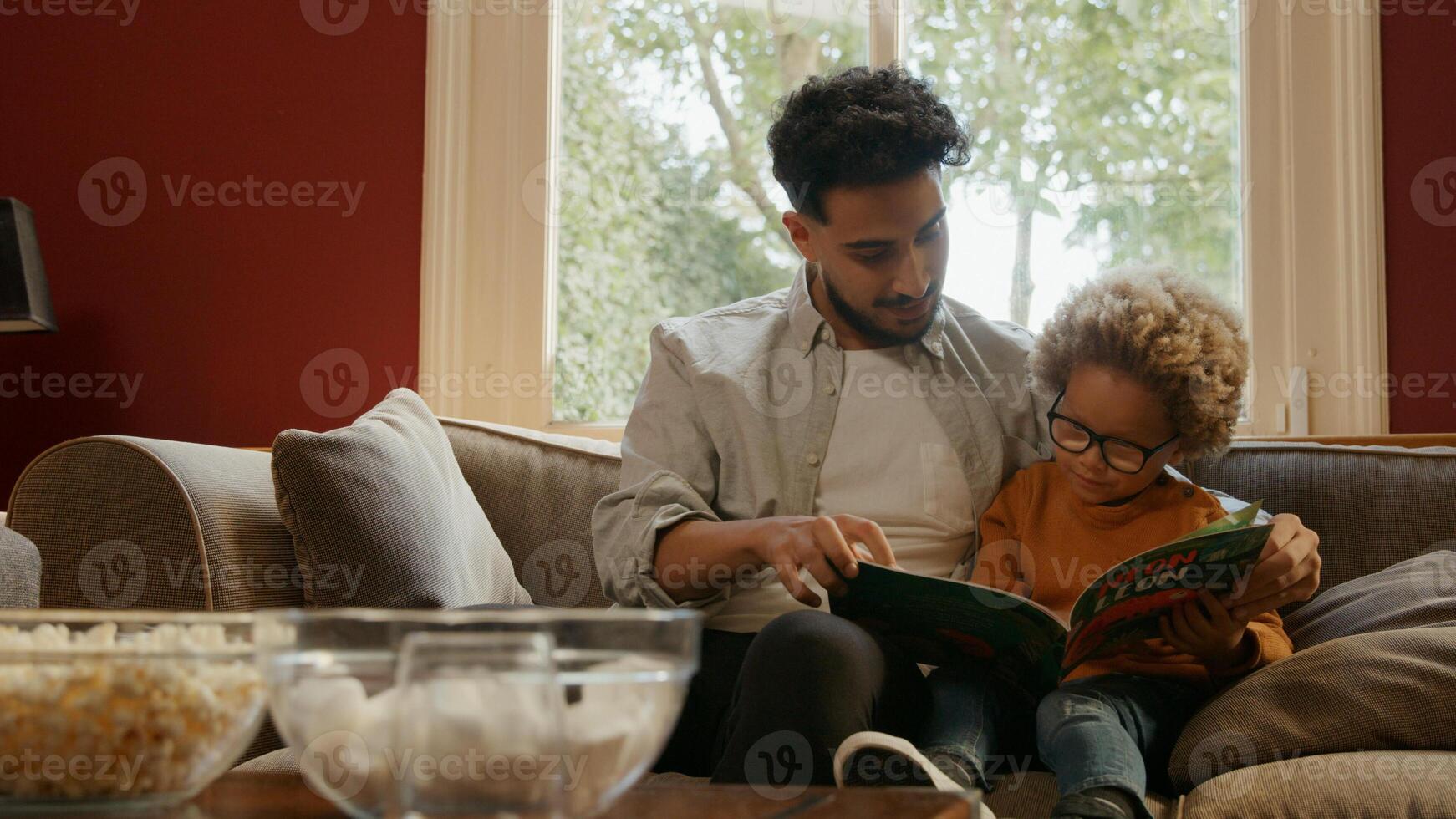 Father reading book with son on sofa at home photo