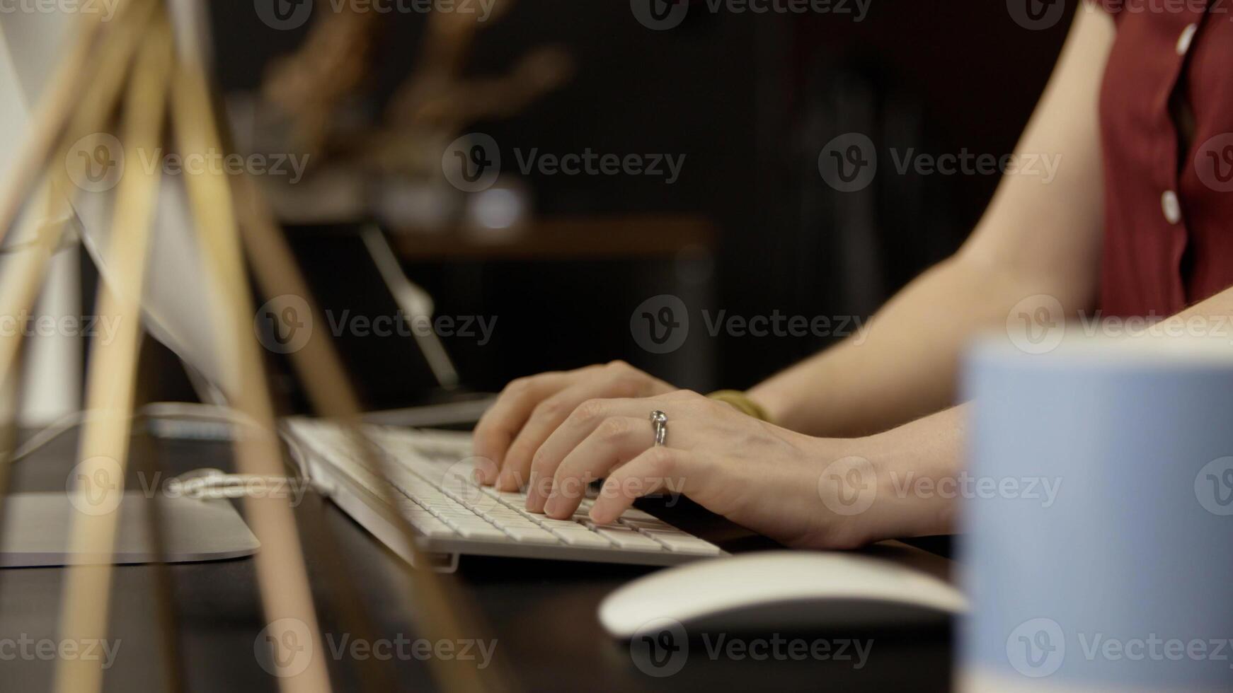 Portrait of woman using computer close up photo