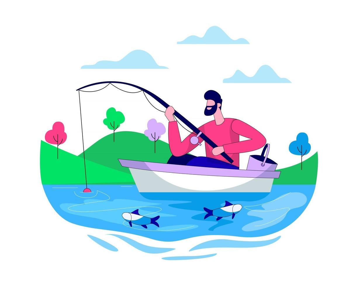 Hombre pescando en el lago concepto de ilustración plana vector