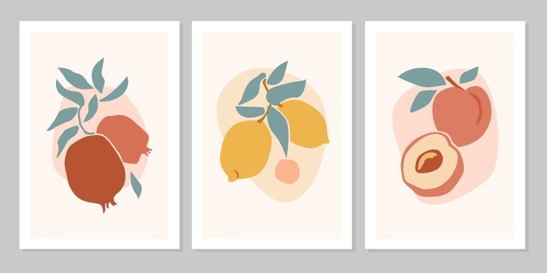 Hand drawn set abstract boho poster with tropical  fruit lemon, pomegranate, peach isolated on beige background. Vector flat illustration. Design for pattern, logo, posters, invitation, greeting card