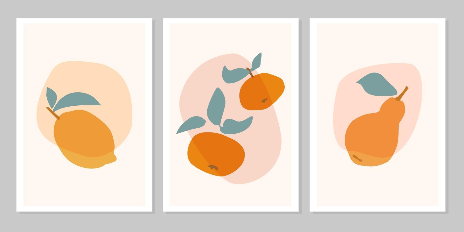 Hand drawn set abstract boho poster with tropical  fruit lemon, mandarin, pear isolated on beige background. Vector flat illustration. Design for pattern, logo, posters, invitation, greeting card