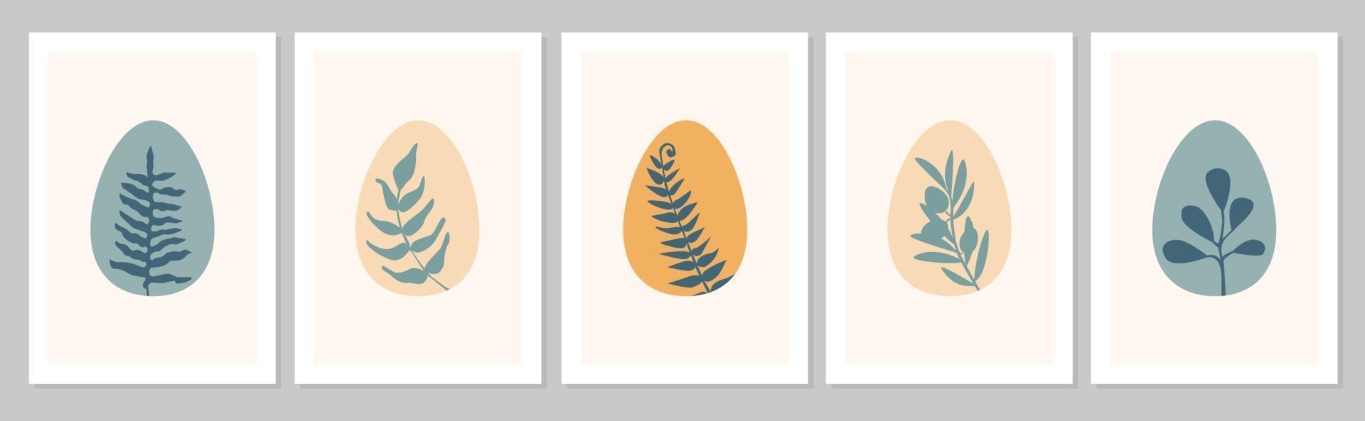 pascua dibujada a mano establece cartel boho abstracto con huevos y hojas tropicales, olivo, hojas aisladas sobre fondo beige. vector ilustración plana. diseño de patrón, logotipo, invitación, tarjeta de felicitación