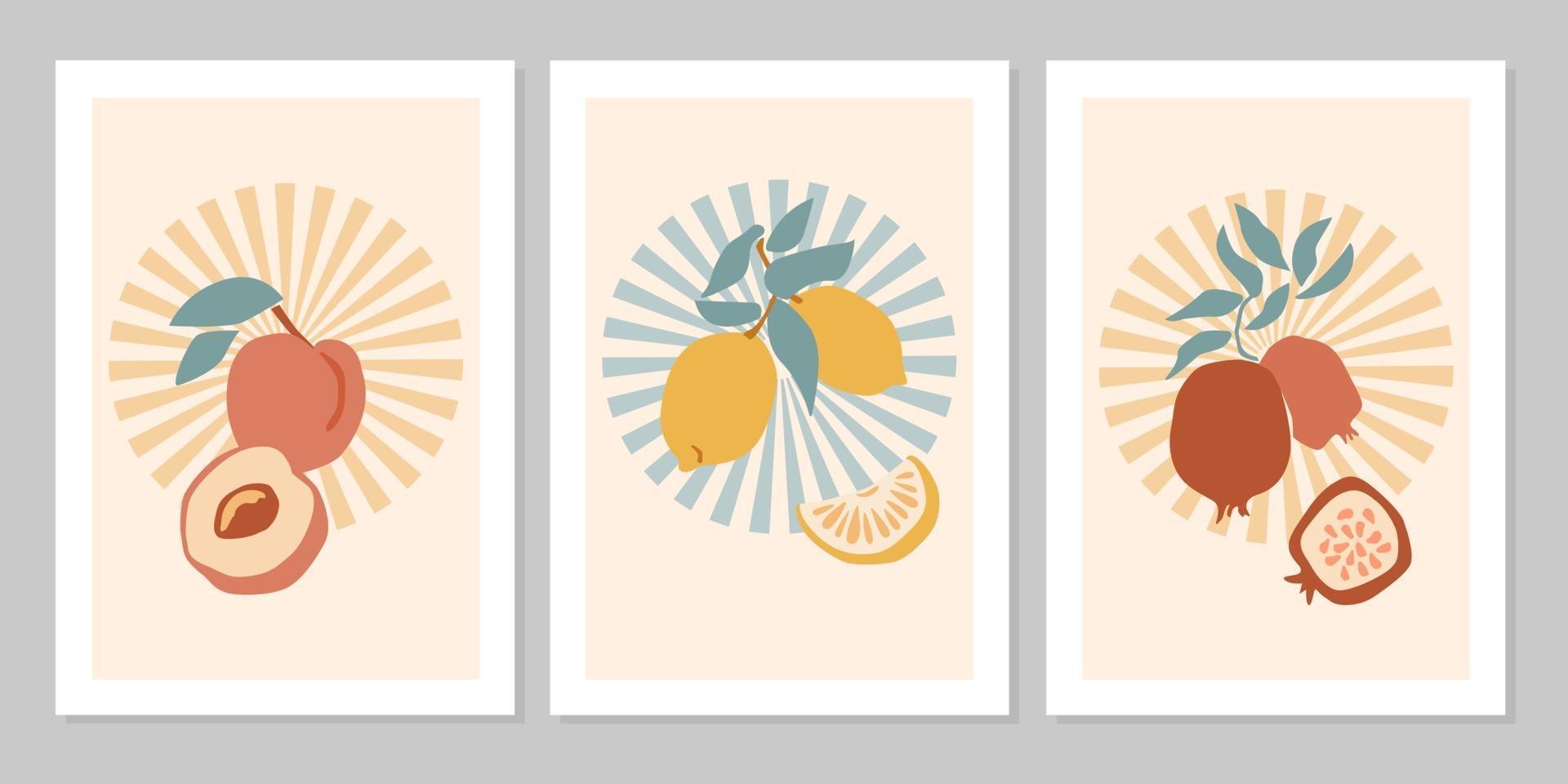 Hand drawn set abstract boho poster with tropical fruit lemon,  peach, pomegranate isolated on beige. Vector flat illustration. Design for pattern, logo, posters, invitation, greeting card