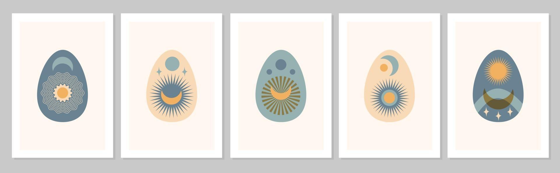 Hand drawn Easter set abstract boho posters eggs with moon, sun, star isolated on beige background. Vector flat illustration. Design for pattern, logo, invitation, greeting card