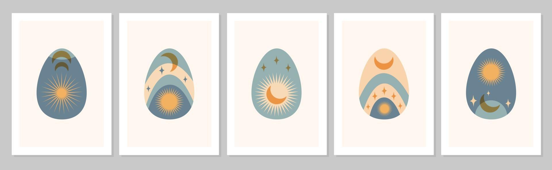 dibujado a mano felices pascuas conjunto abstracto boho carteles huevos con luna, sol, estrella aislada sobre fondo beige. vector ilustración plana. diseño de patrón, logotipo, invitación, tarjeta de felicitación